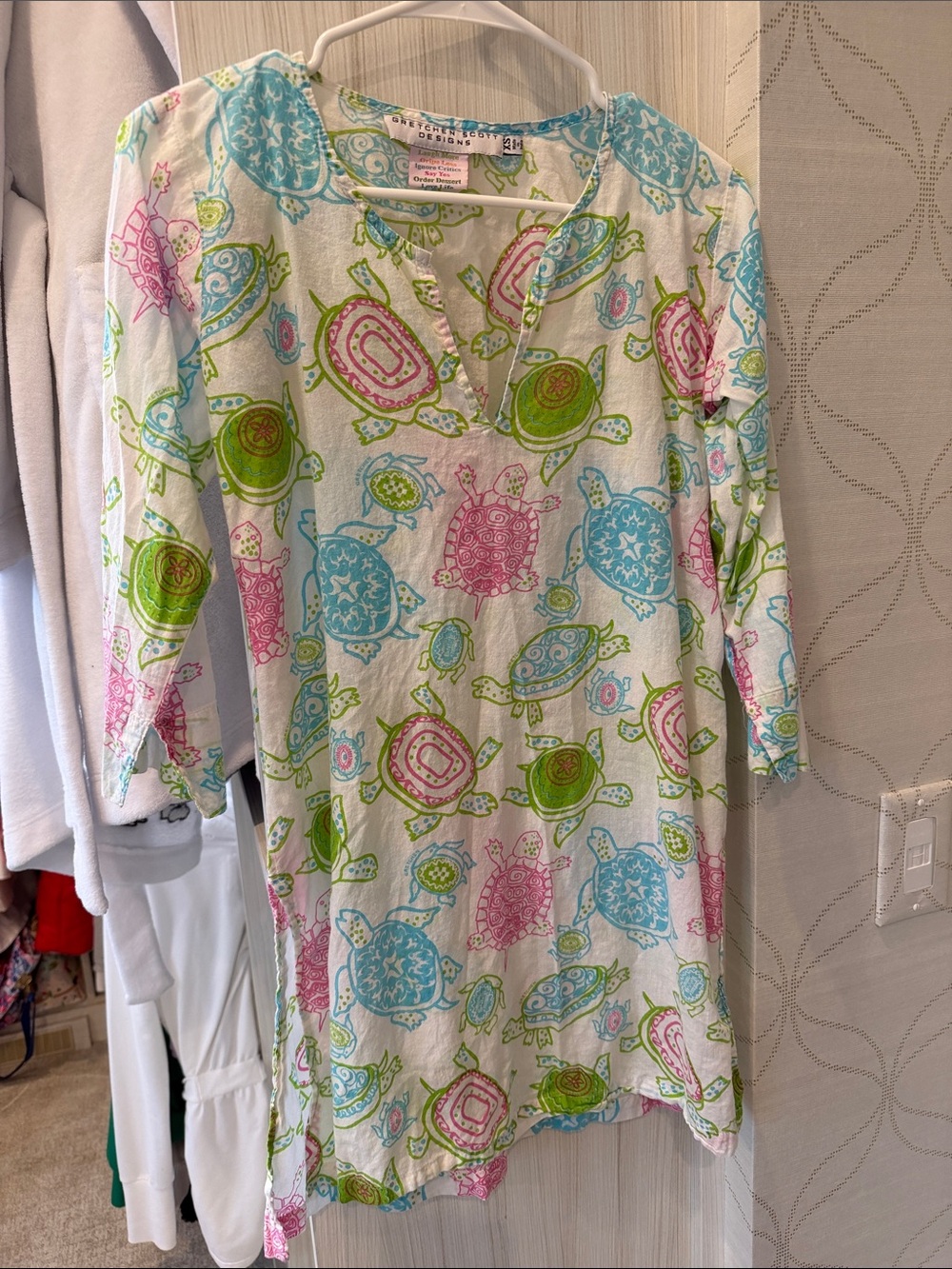 Gretchen Scott Designs White Tunic Coverup with Pink Blue and Green Turtle Print